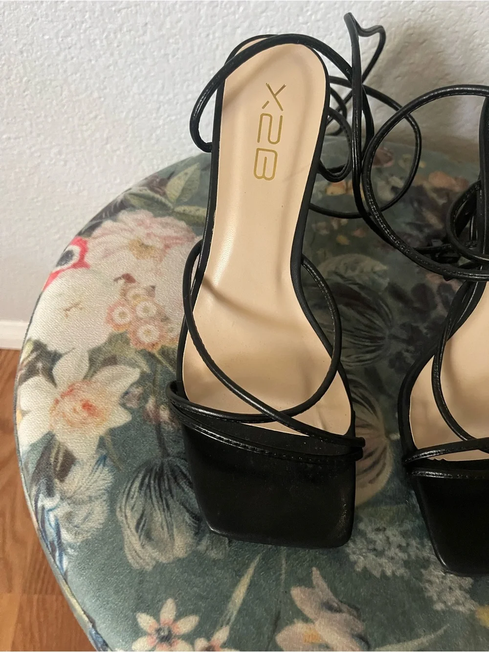 Black Lace-Up Square-Toe High Heel Sandals